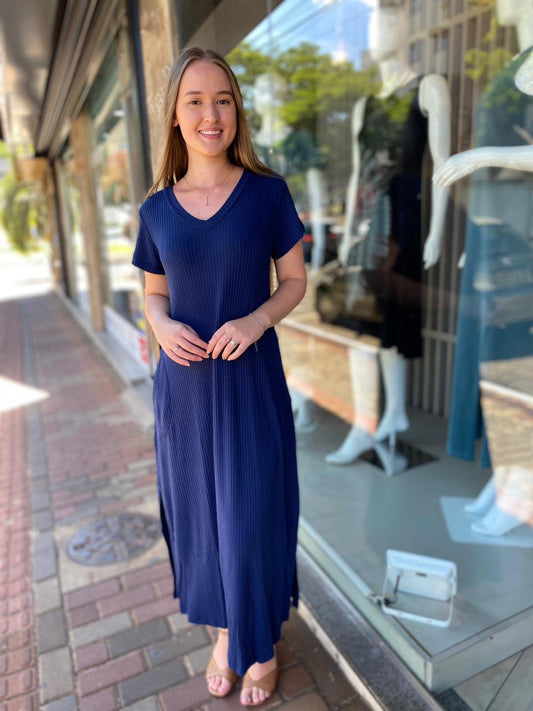 Vestido Azul Marinho Canelado